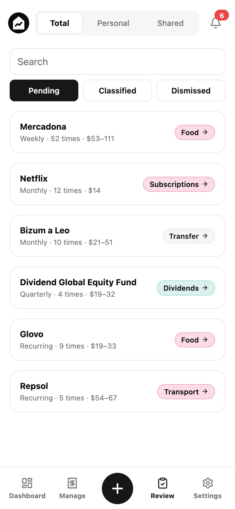 Finkelly suggesting categories such as Food, Subscriptions, Dividends and Transfers.