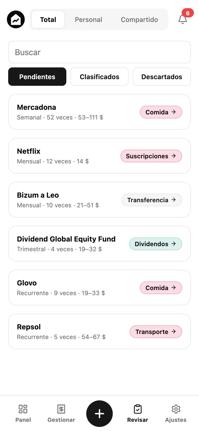 Finkelly proponiendo categorías como Comida, Suscripciones, Dividendos y Transferencias.